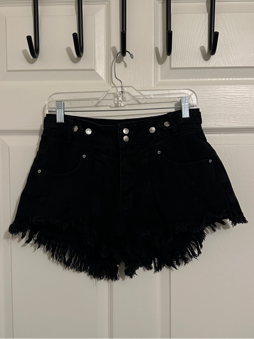 High-Waist Black Frayed Hem Denim Shorts